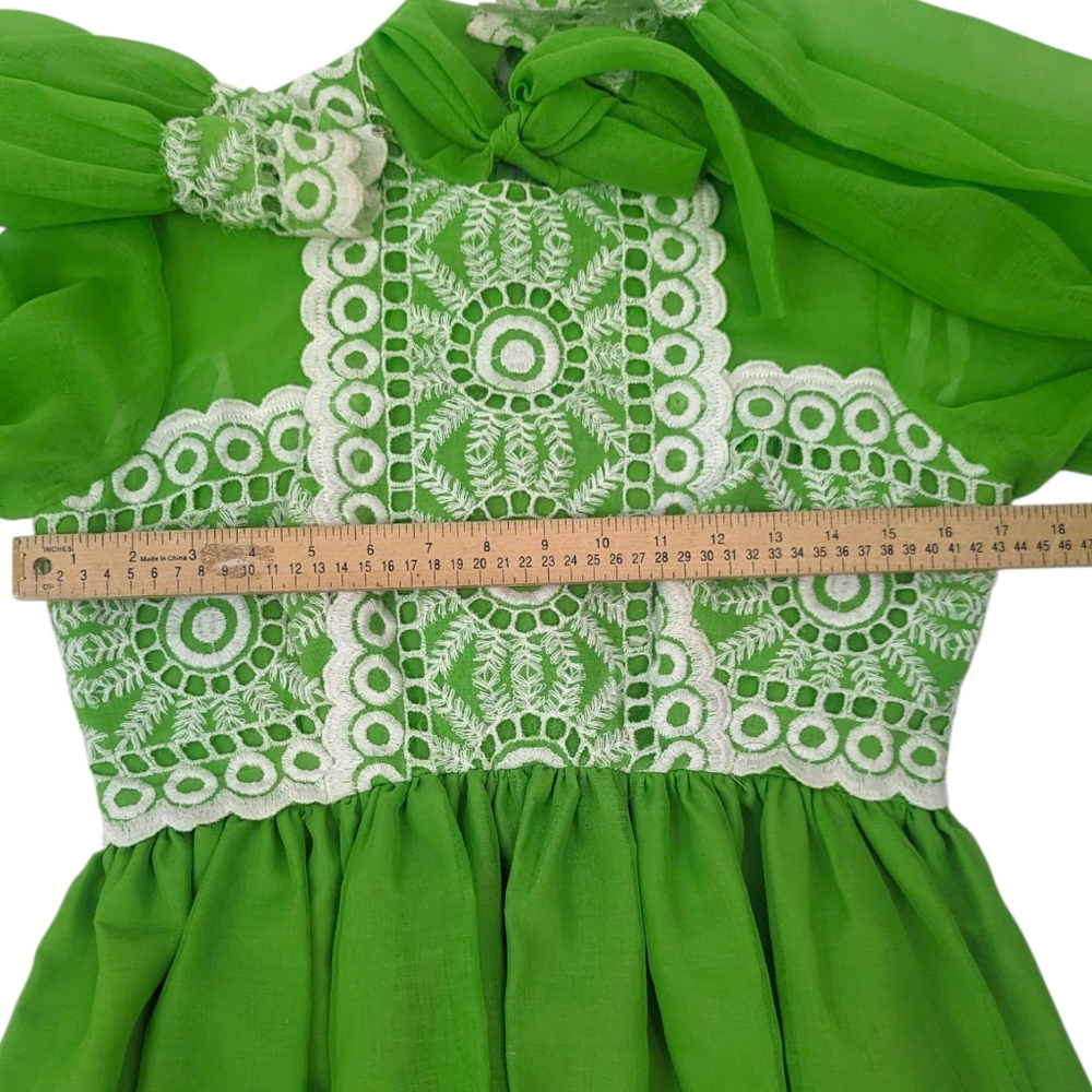 Vintage 70s Crochet Trimmed Maxi Peasant Dress Green Chiffon Overlay Womens S - Picture 6 of 14